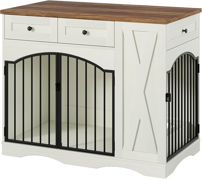 43.3" Farmhouse Dog Crate, Furniture Style Dog Cage with 3 Drawers, Removable Feeder and 2 Bowls, Wooden Heavy Duty Dogs Crates End Table for Medium Large Dogs, Beige+Brown