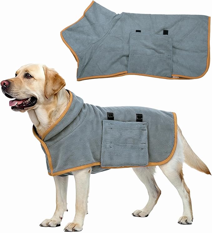 Dog Drying Coat, Dog Robes for After Bath Bathrobe Super Absorbent Towel Soft Adjustable, (M, Gray&Orange Trim), Intended for Fast Drying Warm Keeping Pet Cats Kitten Puppies