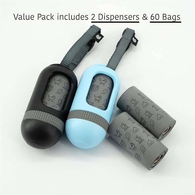 SVD.PET 2-Pack Pet Retractable Waste Bag Dispensers, Black & Columbia Blue | 2 Dog Poop Bag Holders, 60 Large Leak-proof Bags, Dog Walking Accessory