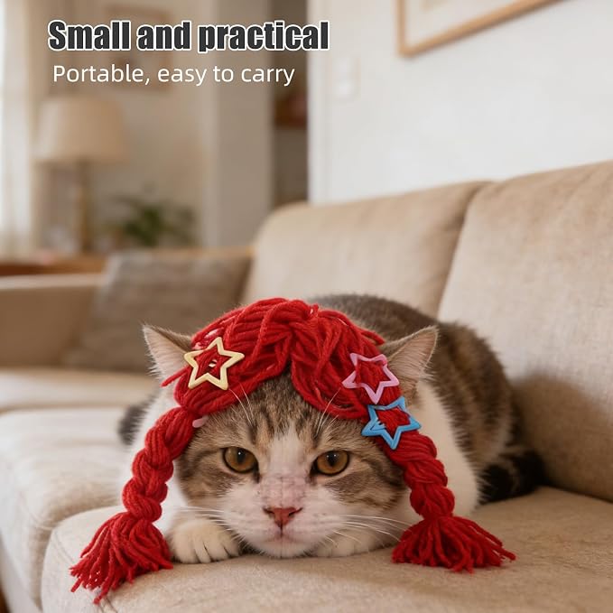 DOITOOL Red Cat Braid Wig Featuring Clip-on Attachment, Yarn Braided Pigtail Hairpiece for Pets, Reusable and Washable Costume Accessory for Halloween and Holiday Celebrations