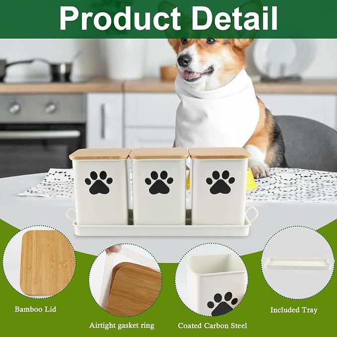 Set of 3 Metal Dog Treat Jars,60oz Airtight Dog Treat Container with Bamboo Lids,Cat Treat Canister,Puppy Cookie Container for Kitchen Counter,Coated Galvanized Steel-White