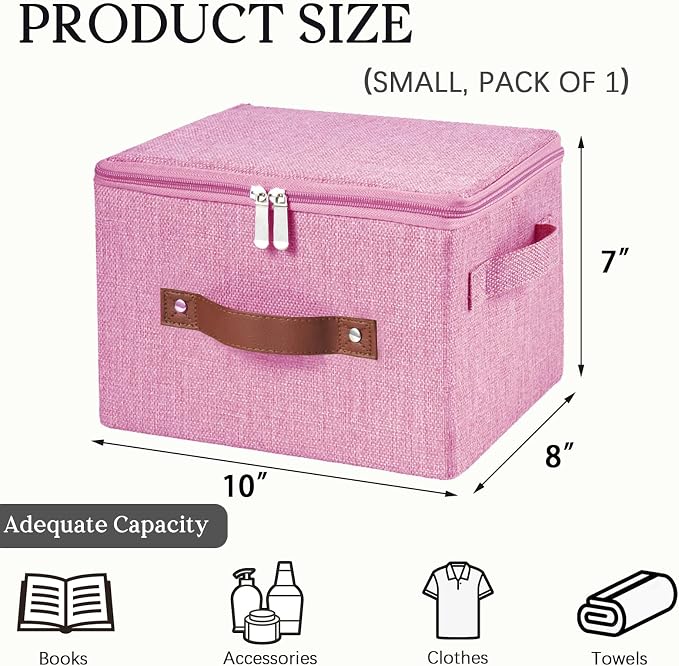 Storage Bins with Zipper Lid Decorative Lidded Storage Boxes | Collapsible Cotton Linen Fabric Storage Baskets, PU Leather Handle, Stackable Shelves Closet Organizer Container(Pink, Small)