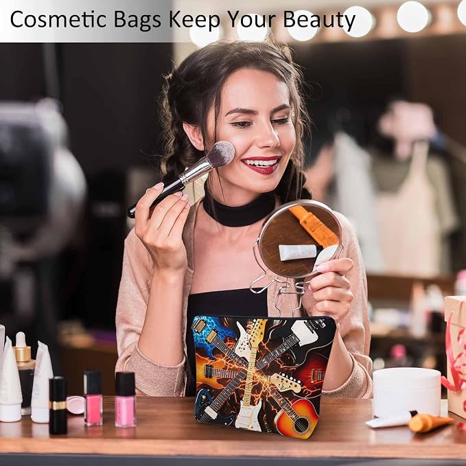 Rock Guitar Makeup Bag For Women, Adorable Cosmetic Bag Makeup Bags, Lightning Music Guitar Zipper Bag Travel Bags Toiletry Organizers Pouch Bags Washing Bags For Gym Bathroom