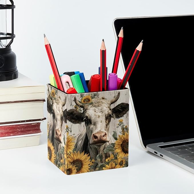 Sunflower and Cow Pen Holder for Desk Decor, Rectangular PVC Leather Pencil Cup for Desk Pen Organizer, Makeup Brush Holder for School, Home, Office