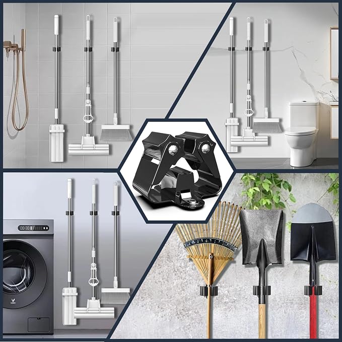 3-H Broom Holder Wall Mount 30 Pack, Heavy Duty Stainless Steel Mop and Broom Organizer Clips, Strong Grip Wall Mount Holders for Garage, Garden, Laundry Room & Utility Closet, Black