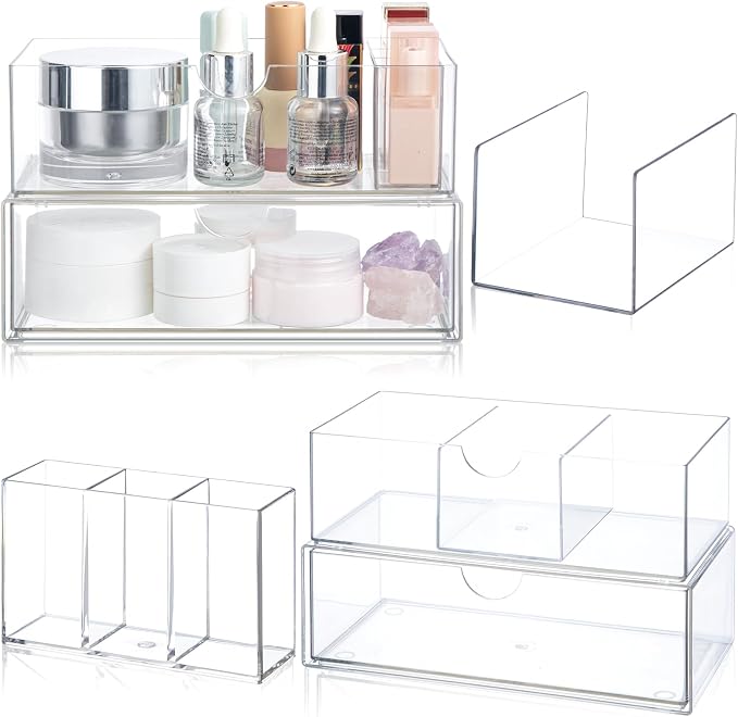 CroBlissful Medicine Cabinet Organizer 4 Tier Stackable Makeup Organizer Tray with 2 Drawers 2 Storage Box 1 Lip Gloss Holders and 1 Movable Partition for Bathroom Cabinet Wall Vanity
