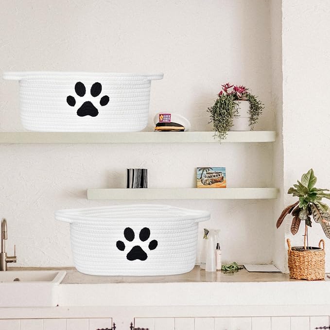 Small Woven Basket with Handle, Cute Dog Paw Baskets for Gifts Empty, Decorative Rope Woven Storage Dog Toy Basket, Nursery Baskets for Baby Shower, 12" x 8" x 5"