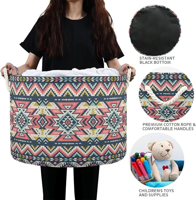 Pink Aztec Print Collapsible Round Storage Basket with Handles | Ethnic Tribal Navajo Large Laundry Baskets Hamper, Clothes Organizer Bin for Bedroom Living Room Decor, 20x 20x 14 Inches
