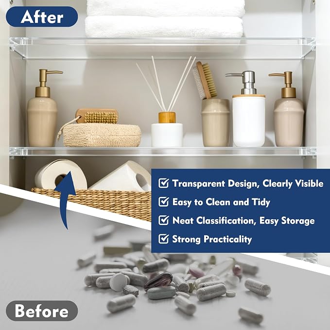 Catcan 4Pcs 13x3In Medicine Cabinet Shelf Replacement | Acrylic Medicine Shelves with Waterproof Labels Marker and Cleaning Cloth for Bathroom Kitchen Storage