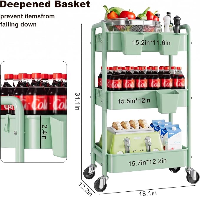 3 Tier Rolling Storage Cart Metal with Wheels, Green Baby Diaper Caddy Carts, Three Tiered Craft Cart Organizer on Wheels, Utility Roller Trolley for Art, Book, Snack, Office, Laundry, Bathroom Shelf