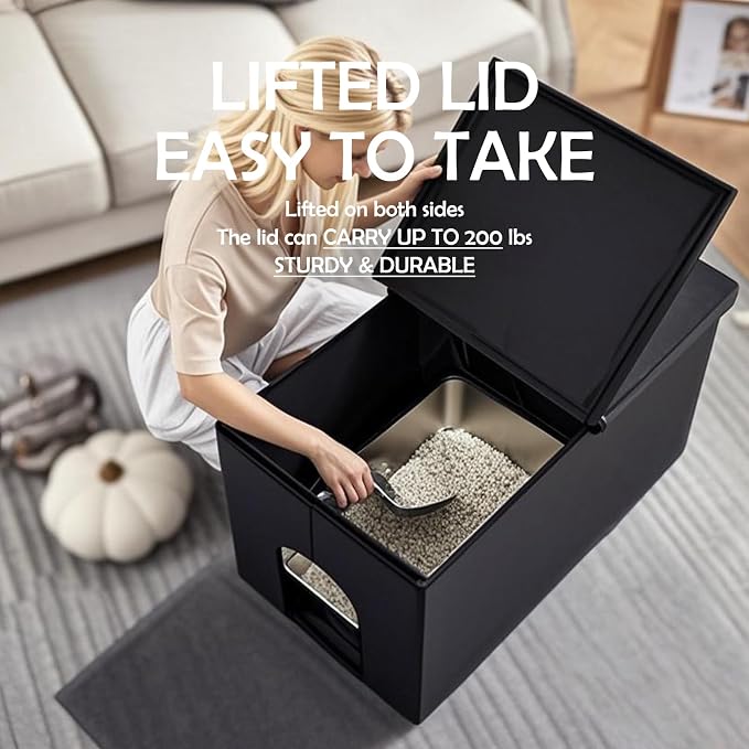 MEEXPAWS Cat Litter Box Enclosure Furniture XXL Velvet Lift Design Lid | Extra Large Hidden Cat Washroom Bench Ottoman, Storage Cabinet Dog Proof, Urine Proof, Easy Clean, Quick Assembly, Black