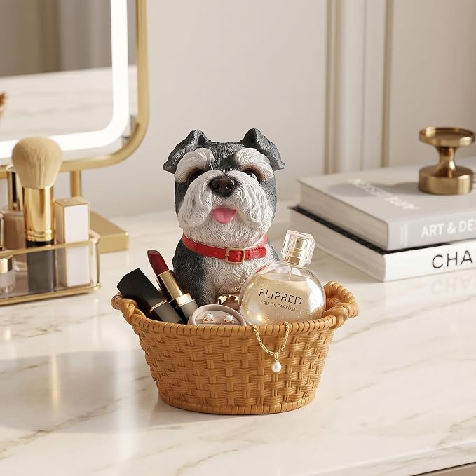 Cute Schnauzer Candy Bowl, Resin Dog Figurine Key Bowl for Entryway Table, Desktop Storage Basket Organizer for Desk, Unique Dog Lover Gift