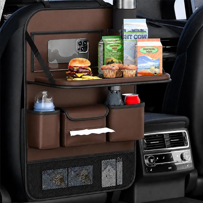 2 Pack Leather Car Backseat Organizer with Foldable Table Tray, Universal Car Seat Back Protector Kick Mat with Touchscreen Tablet Holder, Storage Pockets, Cup Holders & Tissue Holder, Brown