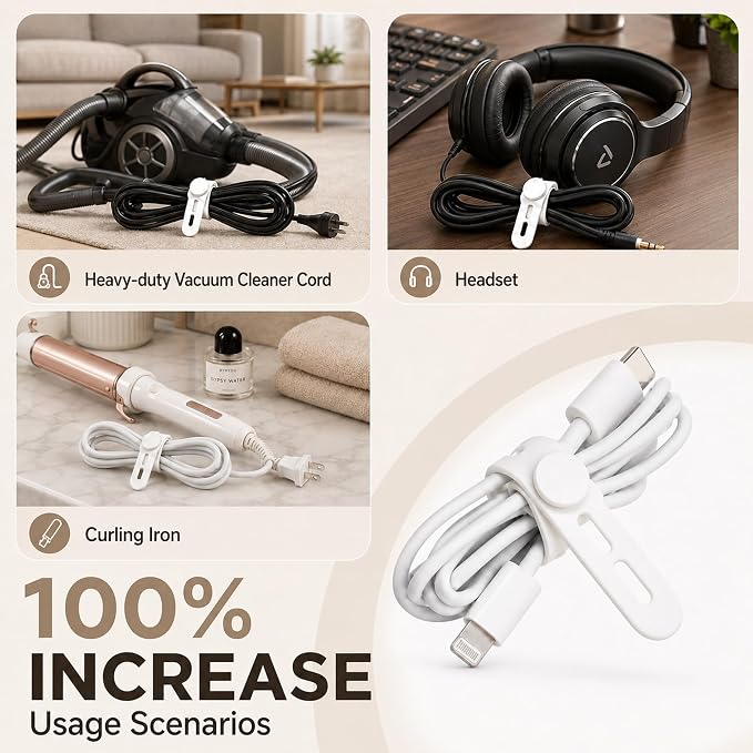 10PCS Silicone Cable Straps Reusable Cord Organizer (White) | Stretchable Soft Silicone Cord Wraps with Adjustable Snaps to Secure Charging Cables, Headphones & Travel Electronics