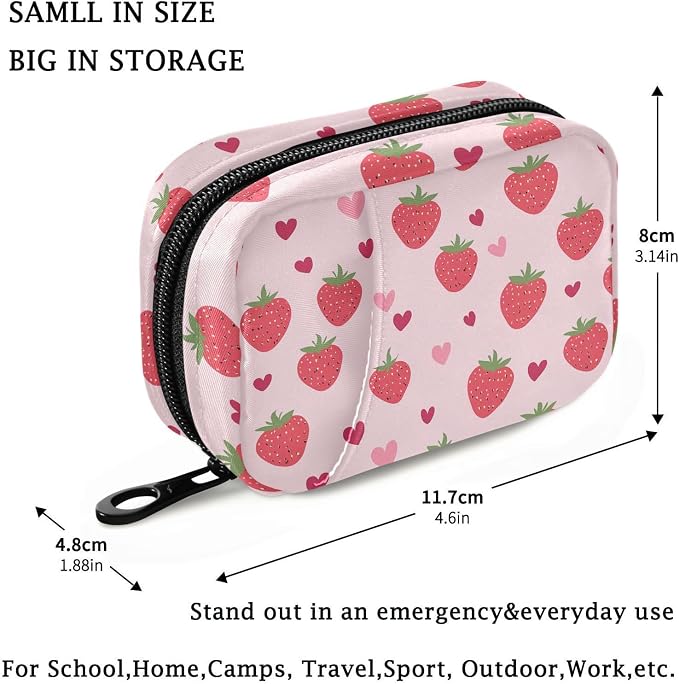 Fustylead Cute Strawberries and Pink Hearts Doodle Pill Organizer for Purse, Weekly Portable Pill Box with Zipper to Storage Vitamins Fish Oils Medications Supplements