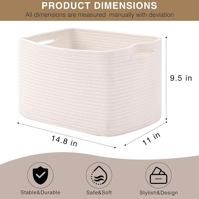 White Storage Baskets for Organizing Shelves, Woven Cotton Rope Basket for Storage, Basket for Toys Clothes Books Shoes, Organization Baskets, 14.8"×11"×9.5", Pack of 3, Off White