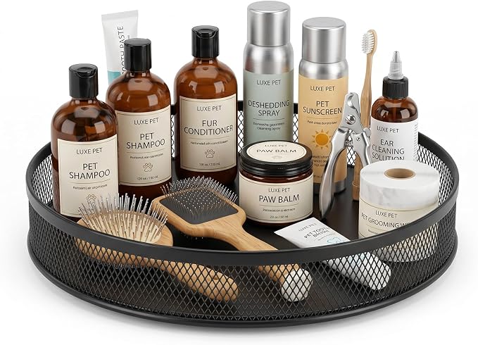 Pethiy Pet Grooming Organizer, Bathroom Rotating Metal Basket with Base | Round Pet Supply Caddy for Dog Shampoo, Brushes, Wipes, Skincare, Bathroom Countertop and Cabinet Storage