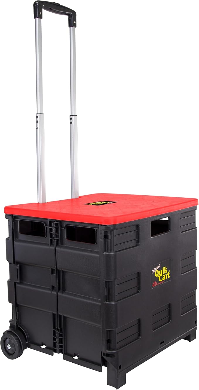 dbest Products Quik Cart Standard Collapsible Rolling Crate - Red Lid | with Wheels, Roll Up to 80 lbs Capacity, Heavy Duty Plastic Construction, Telescoping Handle, Foldable Utility Cart