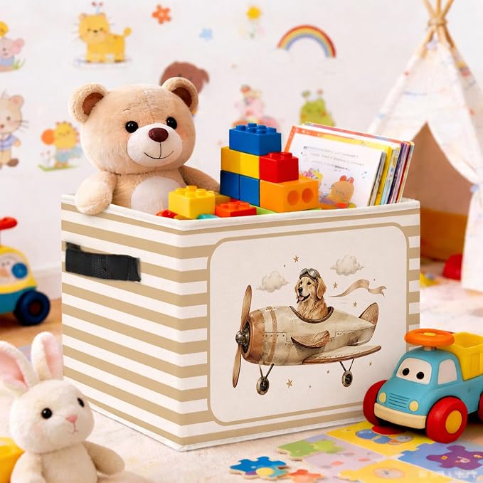 Golden Retriever Airplane Storage Bin, Foldable Organizer Basket | Golden retriever airplane storage bin with vintage plane artwork, striped border, foldable fabric and handles.