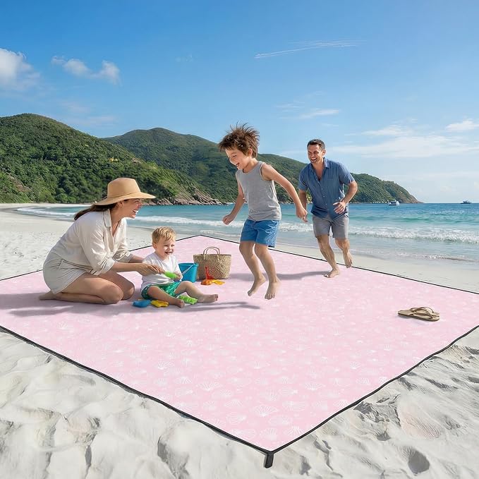 OIGAE Beach Blanket Waterproof Sandproof Oversized Beach Mat | Picnic Mat with Stakes, Storage Bag - Essentials for Outdoor Beach, Picnic,Quick-Dry Lightweight,Windproof Pockets