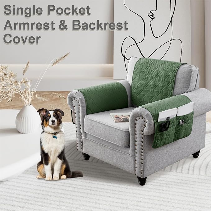 Recliner Armrest Cover with Headrest, Chair Armrest Slipcover with Side Pockets, Water-Resistant, Non Slip Furniture Protector for Pets (Green,1 Seater 3PCS)