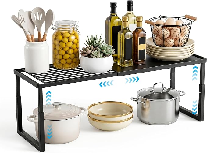 Expandable Cabinet Shelf Organizer, Stackable Countertop Shelves, Black | 15.8''- 25.5'' In Cabinet Shelf, Adjustable Kitchen Cabinet Organizer for Pantry Organizer, CupBoard Organizers and Storage