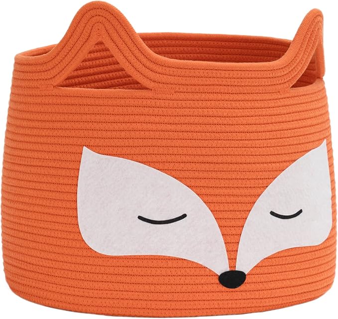 Fox Large Woven Rope Toy Basket for Home Décor, Orange | 15.7" x 11.8" Animal Toy Bin for Living Room Nursery, Baby Storage Basket for Towels, Blankets, with Sturdy Handles