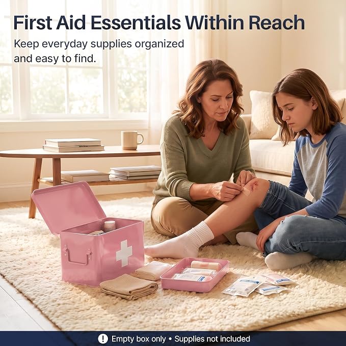 Flexzion Large Metal First Aid Box Empty, 13-Inch, Pink with White Cross | Vintage Medicine Box and First Aid Storage Organizer with Removable Tray and Dividers; Empty Box Only, Supplies Not Included