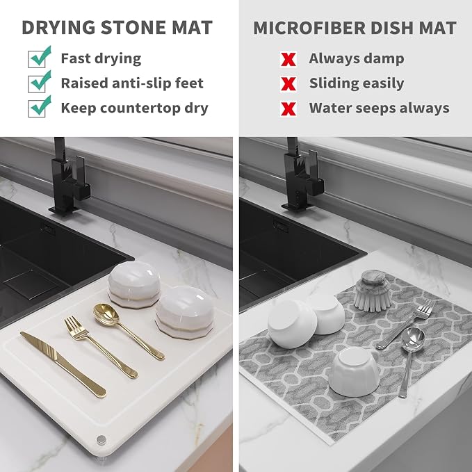 Dish Drying Stone, Water Absorbing Stone Dish Drying Mats for Kitchen Counter, Non-Slip Stone Drying Sink Tray Pad for Dish Bottles Cups, Diatomaceous Earth Sink Caddy Organizer, White
