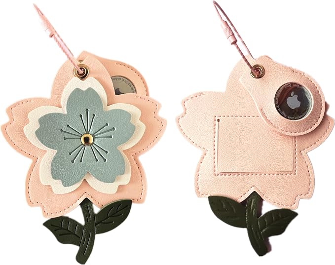 PU Leather Luggage Tag with Airtag Holder Case Set and Name ID Label | Hidden Compartment for AirTag Travel Suitcase Tracking Case with Stainless Steel Loop,Cute Fruit Plant Animals Styles,sakura