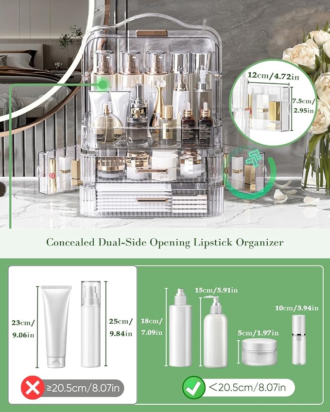 LINFIDITE Cosmetics Storage Box Transparent Lid Large Makeup Organizer Box Drawers Portable Handle Waterproof Dustproof Skincare Display Cases for Countertop, Bathroom, Dresser, PET,Clear Green