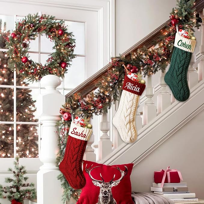 Personalized Christmas Stockings, 18" Large Custom Knit Christmas Stockings with Embroidery Name, Color-Contrast Twisted Stocking for Xmas Holiday Decoration(1 Pcs)
