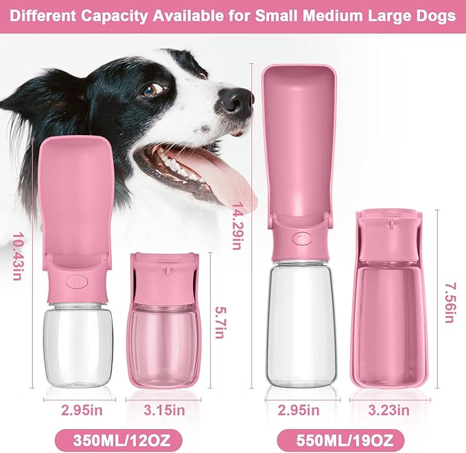 Portable Dog Water Bottle, Foldable Dog Water Bottle Leak Proof Dispenser for Puppy Small Medium Large Dogs, Pet Drink Cup for Walking Hiking Traveling(Pink,19oz)