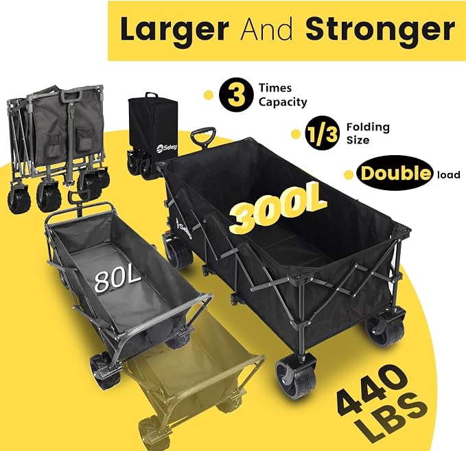 Sekey 48''L Collapsible Foldable Extended Wagon with 660lbs Weight Capacity, Heavy Duty 300L Folding Utility Garden Cart with Big All-Terrain Beach Wheels & Drink Holders. Black
