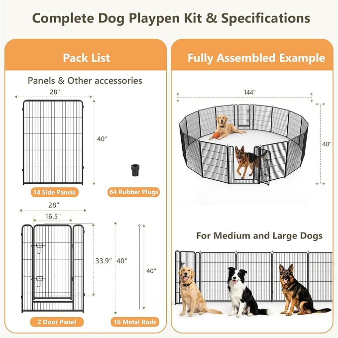 Metal Dog Playpen - 40" Height 16 Panels Foldable Exercise Pen for Dogs Indoor/Outdoor Pen with Door for Pet Animals Portable Pet Playpen Polygon Dog Enclosure (Black)