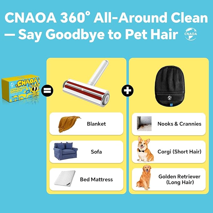 Pet Hair Removal Set, Roller Pet Hair Remover, Pet Hair Removal Glove for Dogs & Cats, Pet Fur Remover for Clothing, Couch, Carpet, Car Seat, Pet Hair Removal Tool -F White