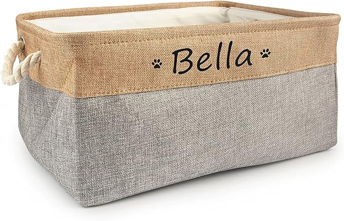 Personalized Dog Toy Basket with Name,Custom Dog Toy Basket,Paw Prints Pet Food Storage Container,Dog Toy Box for Small Dogs,New Puppy Supplies (Gray,L 41X32X21cm)
