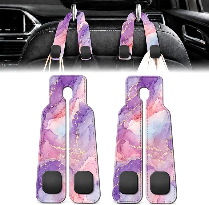 2 Pack Marble Pattern Car Headrest Hooks for Purse Bag Seat Back Hanger | Alcohol Ink Aesthetic Car Accessories Metal Hook,Luxury Gifts for Women Men,PU Leather Double Hook for Backseat Organizer