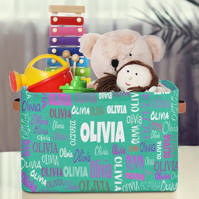 Personalized Name Storage Bins Basket Boxes, Light Sea Green Color | Organizing Boys Girls Pets Toys Closet Shelf Clothes Books