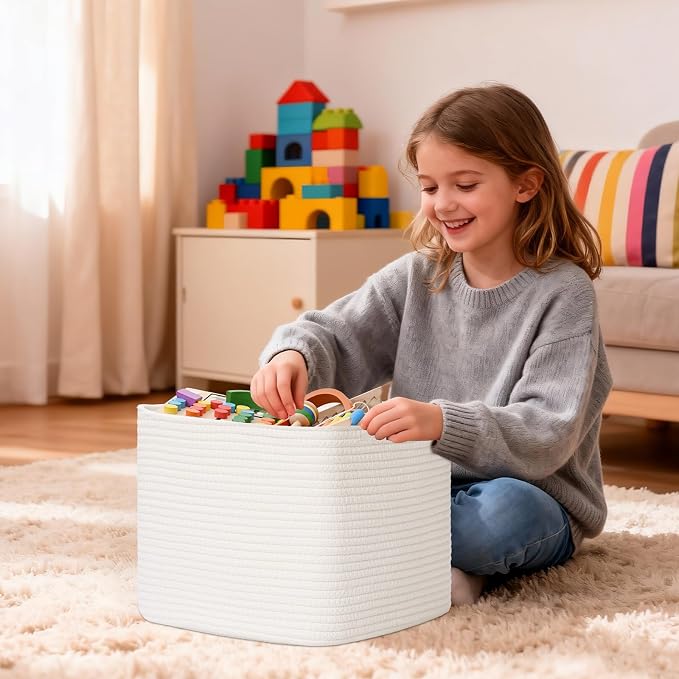 3 Pack Cube Storage Bin, 12”x12”x10” Cotton Rope Woven Baskets for Organizing Toys Clothes Towels, Square Gift Storage Baskets for Shelves, Nursery, Closet, Bathroom, Pantry (White)