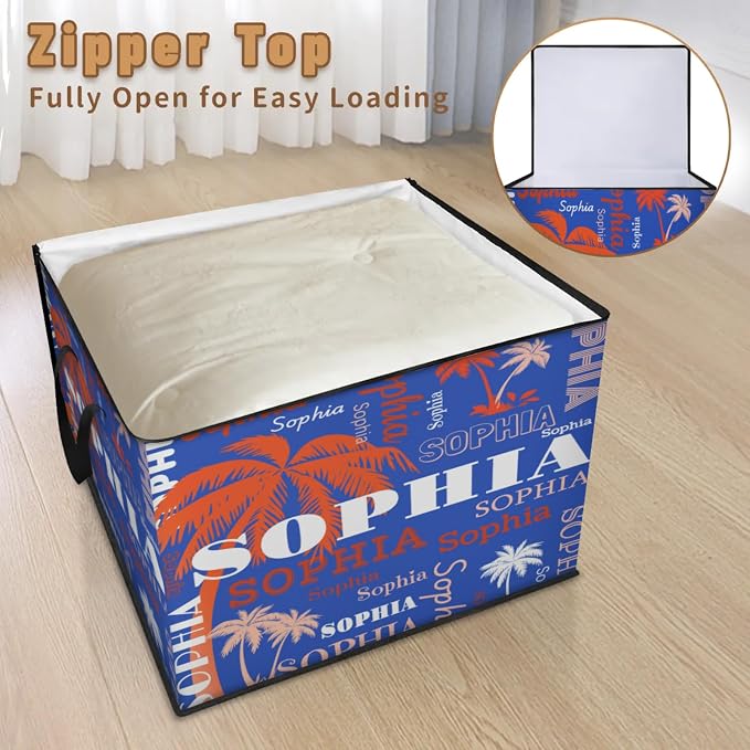 Personalized Summer Palm Trees Storage Bags with Lid Large Blanket Clothes Organization Storage Containers for Comforters,Bedding, Foldable Organizer, Orange White Names Navy Blue Background