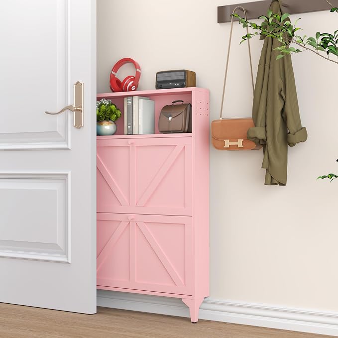 Shoe Cabinet with 2 Flip Drawers, Narrow Shoe Storage Cabinet, Farmhouse Shoe Organizer, Freestanding Organizer with Metal Legs for Entryway, Foyer (Pink, 2 Door)