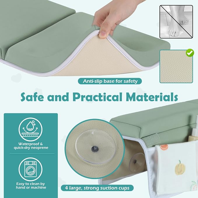 Baby Bath Kneeler and Elbow Rest Pad Set, Gray Green | 1.5" Thick Soft Memory Foam, Bath Toys Organizer, Non-Slip, Quick-Dry, Foldable, Gift for Parents