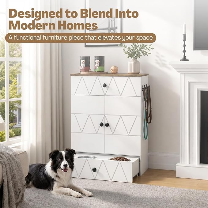 Dog Feeding Station with Storage Cabinet, Hidden Pull-Out Elevated Dog Bowls, Stainless Steel Feeding Drawer, Adjustable Shelves & Hooks, Modern Pet Food Storage Organizer for Dogs (White)