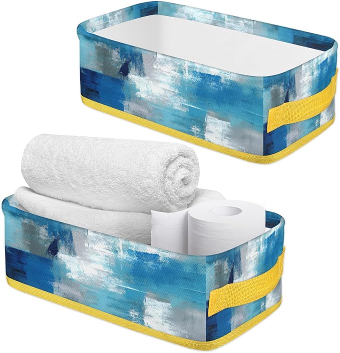 Blue White Abstract Bathroom Storage Basket, Foldable with Handle Open Countertop Paper Towel Decorative Box, Toilet Tank Top Shelf Baskets for Home Closet Bedroom Living Room Office