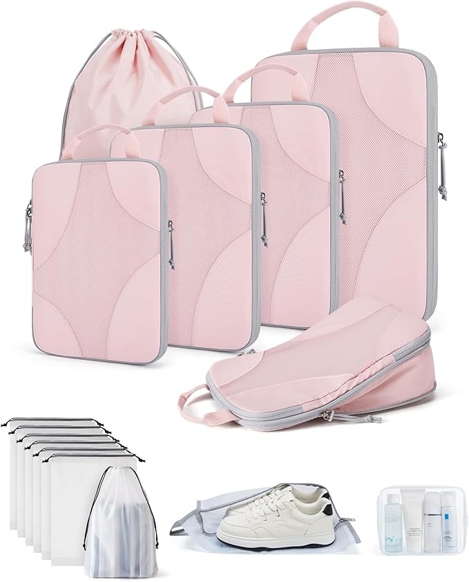 Bagsmart Compression Packing Cubes, Travel Bag Cruise Ship Essentials | Lightweight, Compressible Suitcase Organizer Set fit Standard Carry-On & Checked Luggage, 6 Set, 14 Set Washable Packing Bags