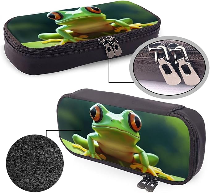 Leather Pen Case with Zipper - Aesthetic Pen Holder Cute Frog Pencil Case for Women & Men - Handcrafted Pencil Bag Multi-Functional Travel Cosmetic Case for Work Office Tool Pouch