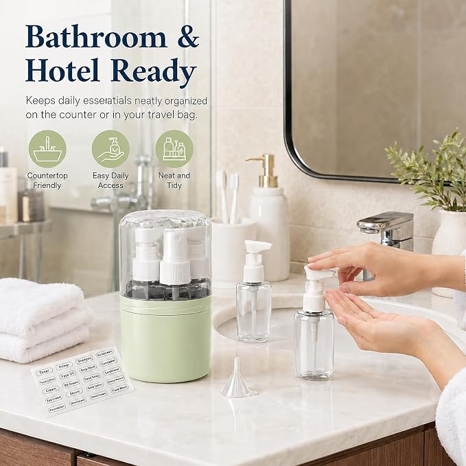 4-in-1 Travel Dispenser with 4 x 50 mL Bottles, Green | 4 refillable 50 mL bottles, pump and spray tops, included label stickers, compact design for toiletries, travel, gym