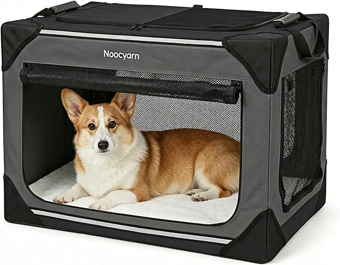 30" L Collapsible Dog Crate for Medium Dogs, Soft Pet Crate with 4-Door Mesh, Portable Dog Kennel for Travelling, Dark Grey