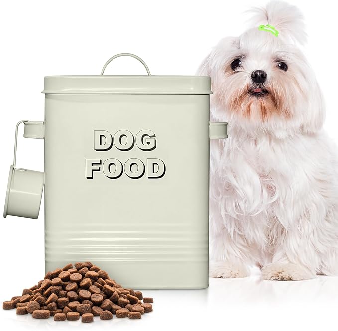 Plexon Metal Dog Food Storage Container with Scoop - Small Dog Food Container Holder Treat Jar Bin with Lid - Pet Chow Storage Canister Tin, 1.5 Gallon, 7 lbs, Off-White